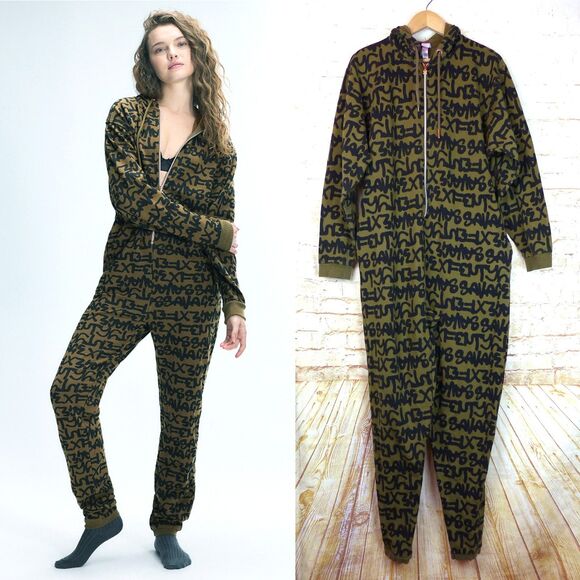 Savage Fenty Jumpsuit Womens L Mens S Olive Green Hooded Graffiti All Over Logo - Picture 1 of 15